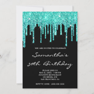 Invitación Turquesa Glitter Oscuro Goteo Cumpleaños Negro