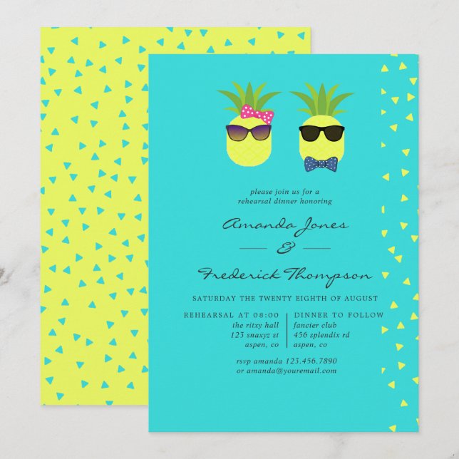 Invitación Turquesa & Limón Cena de Ensayo de Verano Tropical (Anverso / Reverso)