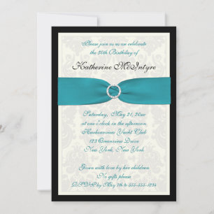 Invitación Turquesa, Marfil, Damasco Negro cumpleaños número