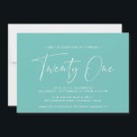 Invitación Turquesa | Minimalista Aqua Blue 21º cumpleaños<br><div class="desc">Invitaciones modernas de 21 años con "veintiuno" en un guión escrito a mano. Diseño sencillo y de sólo texto con fuente blanca sobre fondo azul-verde vibrante.</div>