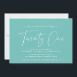 Invitación Turquesa | Minimalista Aqua Blue 21º cumpleaños<br><div class="desc">Invitaciones modernas de 21 años con "veintiuno" en un guión escrito a mano. Diseño sencillo y de sólo texto con fuente blanca sobre fondo azul-verde vibrante.</div>