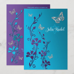 Invitación Turquesa, Morado Floral, Mariposas Bat Mitzvah