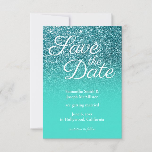 Invitación Turquesa Ombre Verde Glitter Salva la Fecha (Anverso)