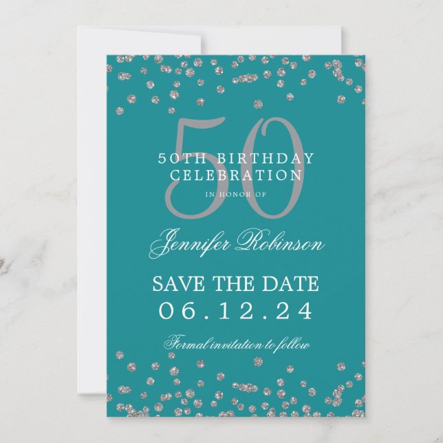 Invitación Turquesa Plata 50 Cumpleaños Guardar Fecha Confett (Anverso)