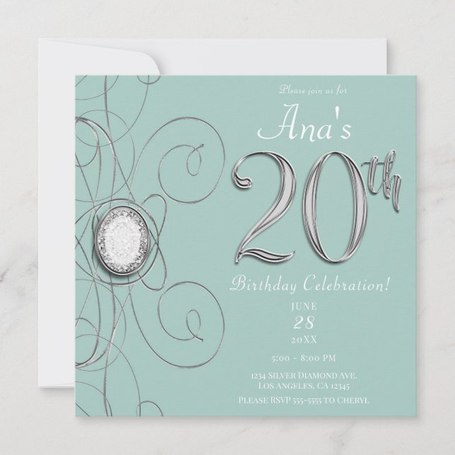 Invitación Turquesa Plata Diamante 20 Fiesta de Cumpleaños 20 (Anverso)