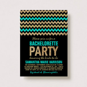 Invitación Turquesa, Purpurina de oro Chevron Bachelorette Pa