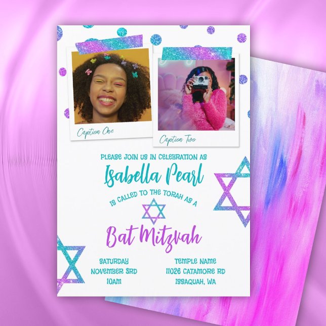 Invitación Turquesa, Purpurina rosado caliente, puntos de Pol (pink glitter bat mitzvah invitation with polka dots and star of david, cute photo collage turquoise)