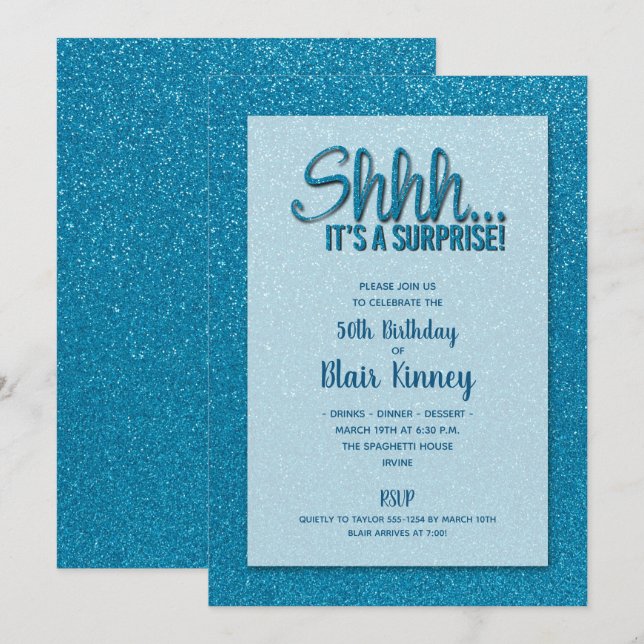 Invitación Turquesa Purpurina SORPRESA Cumpleaños (Anverso / Reverso)