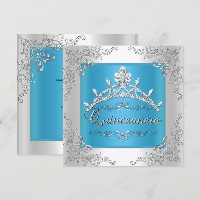 Invitación Turquesa Quinceanera 15 cumpleaños Silver Tiara (Anverso / Reverso)