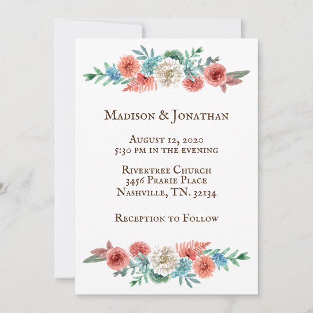 Invitación Turquesa romántica | Boda de Bonito Peach (Anverso)