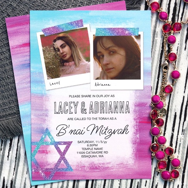 Invitación Turquesa, rosa, Purpurina azul B'nai Bat Mitzvah (Colorful b'nai bat mitzvah for 2 girls, pink turquoise blue, cute photo invitations, glitter stars)