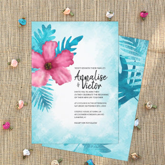 Invitación Turquesa rosa tropical Hibiscus Island Boda