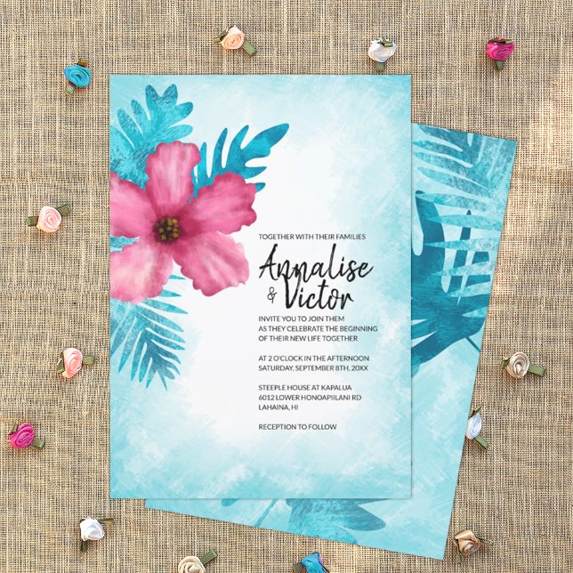 Invitación Turquesa rosa tropical Hibiscus Island Boda (turquoise and pink tropical wedding invitation card, pink hibiscus flowers, Hawaiian theme)