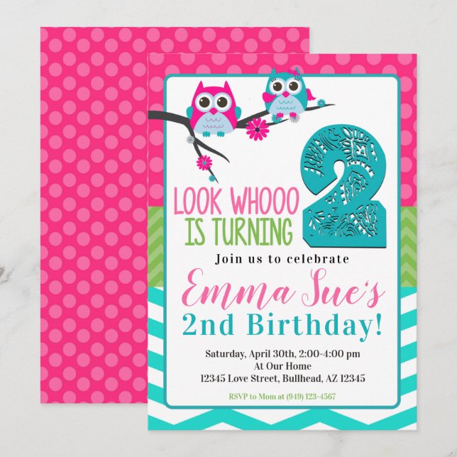 Invitación Turquesa rosa y búho verde segundo cumpleaños (Anverso / Reverso)