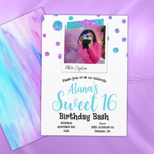 Invitación Turquesa, Rosa y Lunares Morados Cumpleaños Dulces