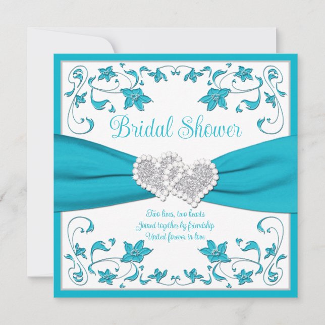 Invitación Turquesa, Silver Love Hearts Bridal Shower (Anverso)