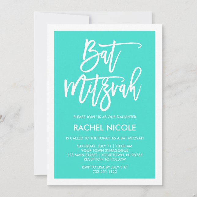 Invitación Turquesa | Simple tipografía moderna Bat Mitzvah (Anverso)