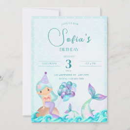 Invitación Turquesa Sirena cola brillante cumpleaños colorido