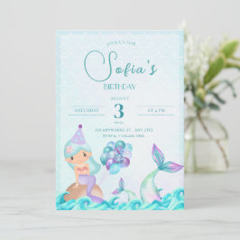 Invitación Turquesa Sirena cola brillante cumpleaños colorido