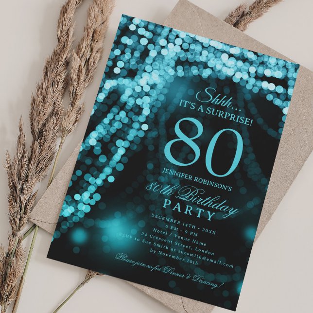 Invitación Turquesa | Sorpresa elegante fiesta de cumpleaños  (Turquoise | Elegant Surprise 80th Birthday Party Invitation)