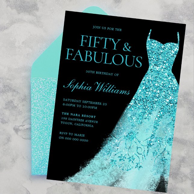 Invitación Turquesa Sparkle Vestido Negro 50 cumpleaños fiest (Subido por el creador)
