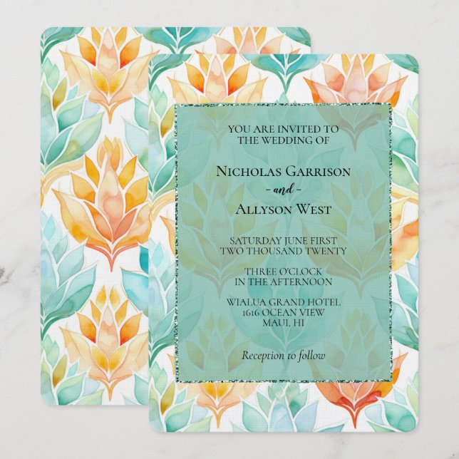 Invitación Turquesa Tangerina Abstracto Boda Floral (Anverso / Reverso)