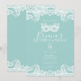 Invitación Turquesa Teal Encaje Mascarada 15º Quinceañera