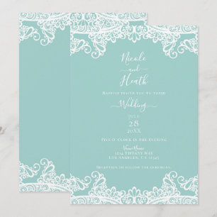 Invitación Turquesa Verde Aguamarina Blanco Encaje Elegante B