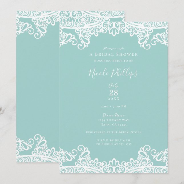 Invitación Turquesa Verde Aguamarina Blanco Encaje Elegante F (Anverso / Reverso)