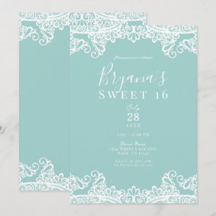 Invitación Turquesa Verde Aguamarina Blanco Encaje Fiesta Ele