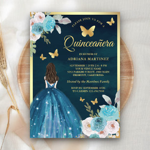 Invitación Turquesa Verde Aguamarina Floral Mariposa Dorado Q