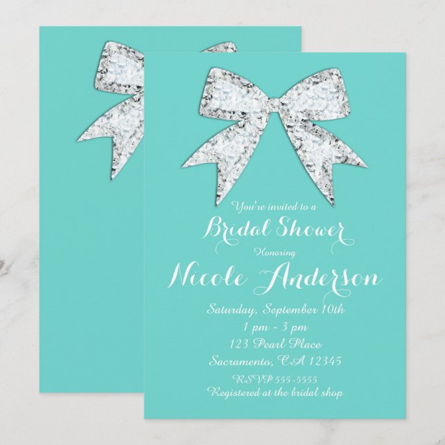 Invitación Turquesa Verde azulada Diamante Bling Bow Brigale  (Anverso / Reverso)