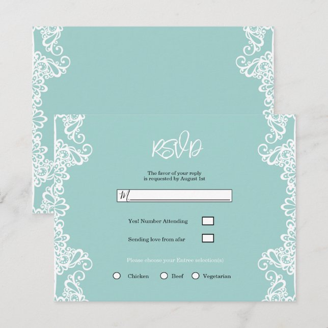 Invitación Turquesa Verde azulada Lace Blanco Elegante Boda R (Anverso / Reverso)