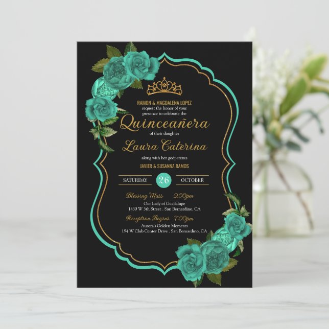 Invitación Turquesa Verde azulada Rosa Verde Oro Elegante Qui (Anverso de pie)