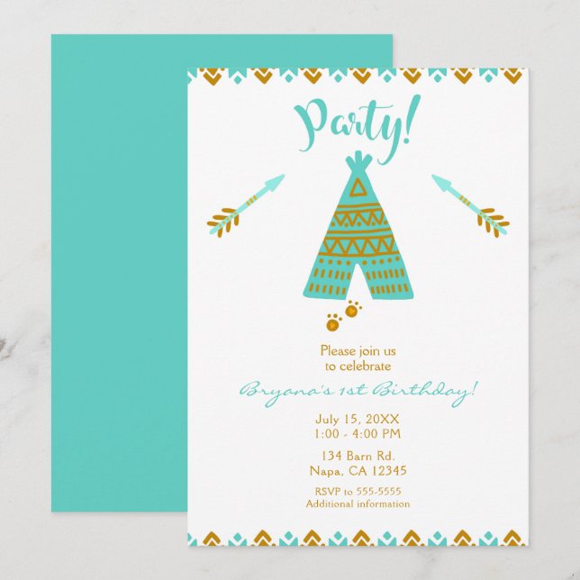 Invitación Turquesa Verde azulada y Gold Tepee fiesta de cump (Anverso / Reverso)