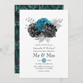 Invitación Turquesa - Verde azulado Boda floral negro y plate