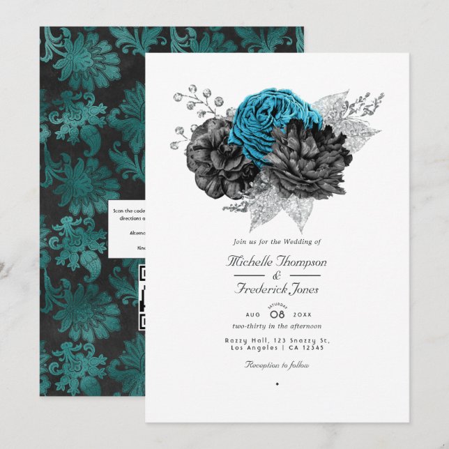 Invitación Turquesa - Verde azulado Boda floral negro y plate (Anverso / Reverso)