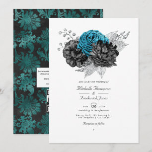 Invitación Turquesa - Verde azulado Boda floral negro y plate