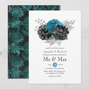 Invitación Turquesa - Verde azulado Negro y Floral de Boda de