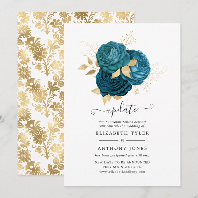 Invitación Turquesa - Verde azulado y dorado Boda floral (Anverso / Reverso)