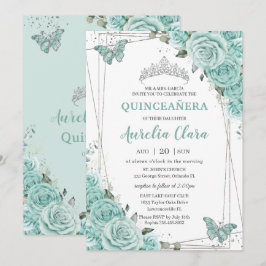 Invitación Turquesa Verde Floral Mariposas Quinceanera 15 