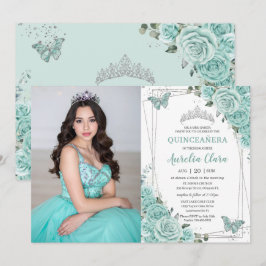 Invitación Turquesa Verde Floral Mariposas Quinceanera 15 