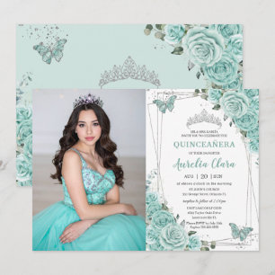 Invitación Turquesa Verde Floral Mariposas Quinceanera 15