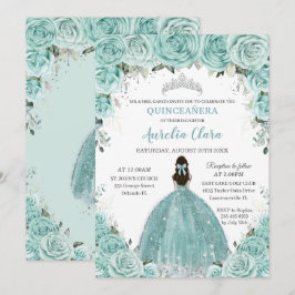 Invitación Turquesa Verde Floral Princesa Plata Quinceañera