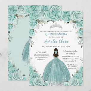 Invitación Turquesa Verde Floral Princesa Plata Quinceañera