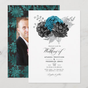 Invitación Turquesa Vintage - Floral Plateada y Negra