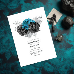 Invitación Turquesa vintage - Floral Verde azulada negra y pl