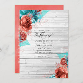 Invitación Turquesa vintage y Boda floral coral rústico