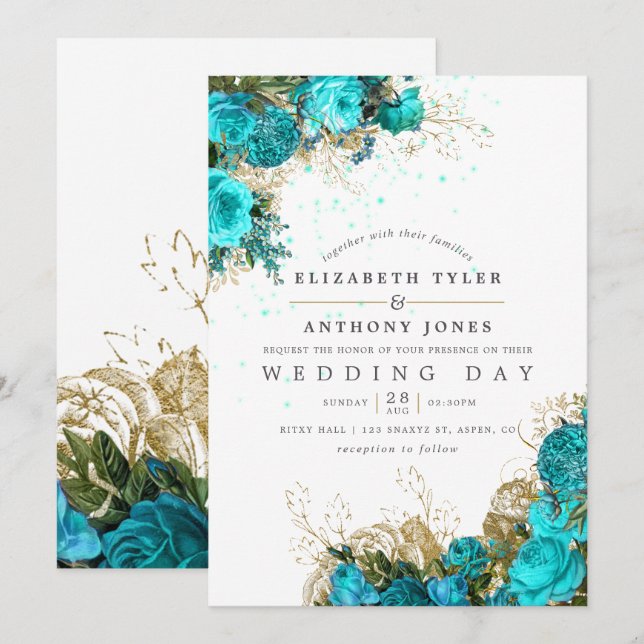 Invitación Turquesa vintage y Shabby Boda floral (Anverso / Reverso)