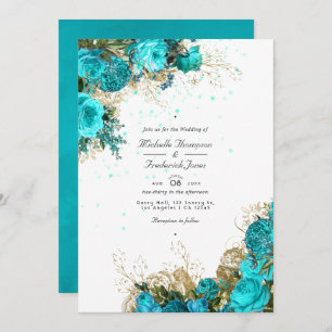 Invitación Turquesa vintage y Shabby de oro Boda de código QR